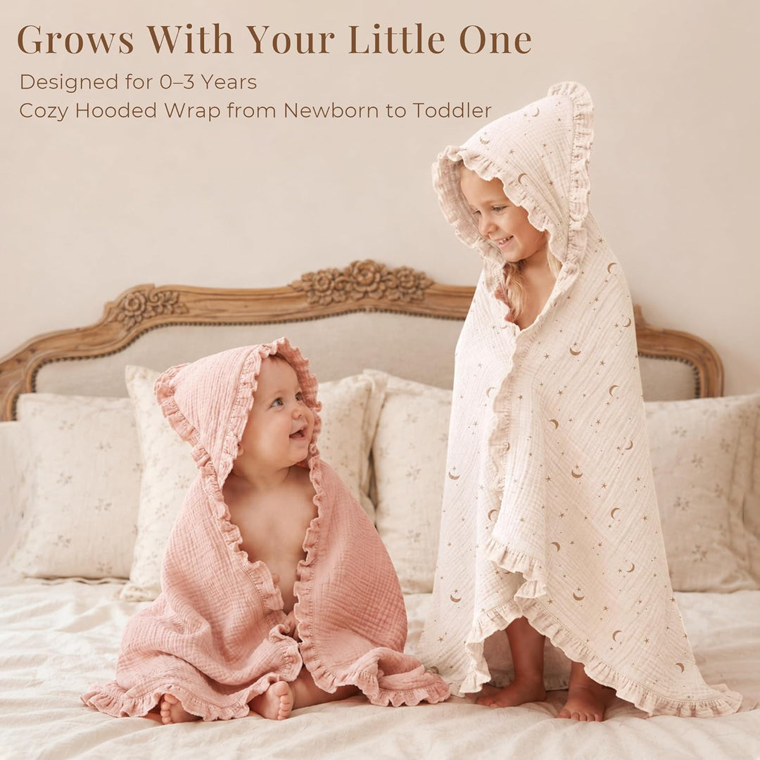 Konssy 100% Muslin Cotton Baby Hooded Towel, Soft Absorbent Bath Towel for Newborns, Infants and Toddlers, Baby Gift and Newborn Essentials with Lace Ruffle Hood - Moon - B0GY7JNZXT image 2