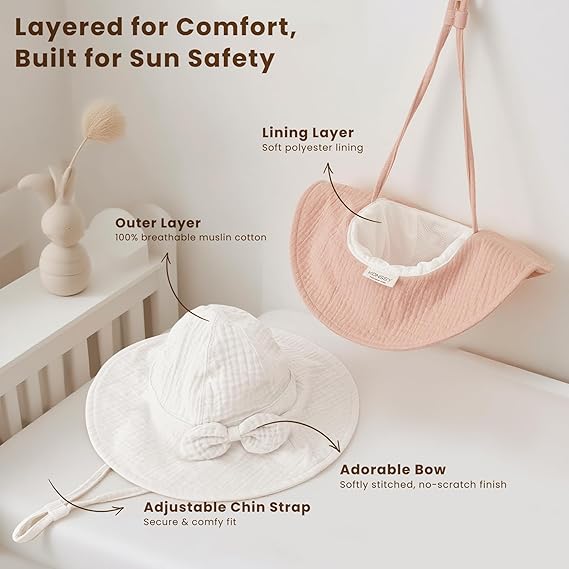 Konssy Muslin Baby Sun Hat 2-Pack, UPF 50+ Sun Protection Wide Brim Summer Beach Hat, Bucket Hat for Girls and Boys