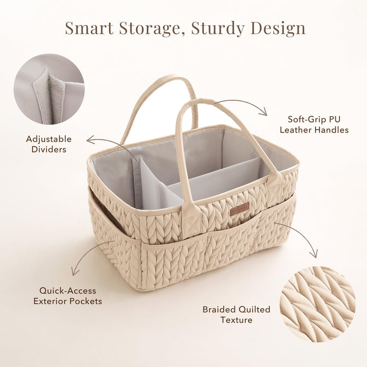 Konssy Baby Diaper Caddy Organizer, Braided Quilted Design with PU Handles - Braided Beige - image 5