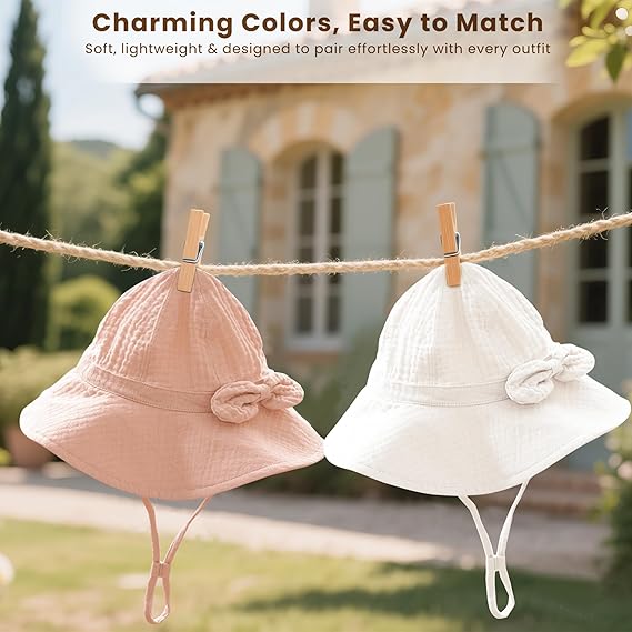 Konssy Muslin Baby Sun Hat 2-Pack, UPF 50+ Sun Protection Wide Brim Summer Beach Hat, Bucket Hat for Girls and Boys