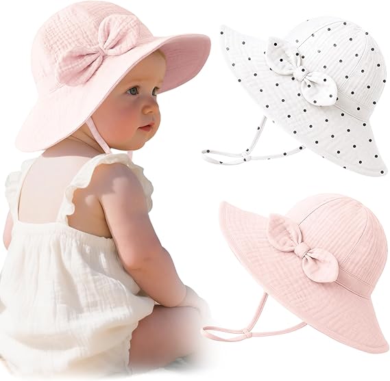 Konssy Muslin Baby Sun Hat 2-Pack, UPF 50+ Sun Protection Wide Brim Summer Beach Hat, Bucket Hat for Girls and Boys