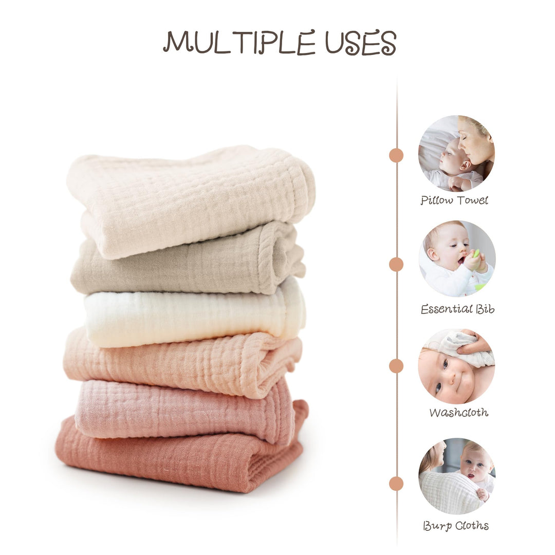Konssy 6-Pack Thick Muslin Baby Burp Cloths, 6-Layer Ultra Soft Cotton - Beige - image 4