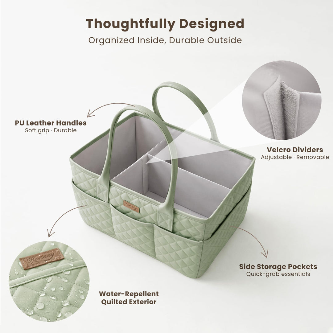 Konssy Baby Diaper Caddy Organizer, Solid Design with PU Leather Handles - Fog Green - image 3