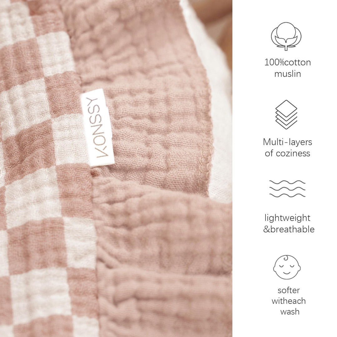 Konssy 100% Cotton Muslin Baby Blanket with Ruffle Trim for Girls, 43"x39" - Rosy Check - image 3