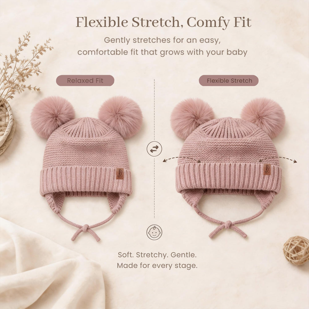 Konssy 2 Pack Baby Beanie Hat with Ear Flaps, Newborn Winter Hat 0-6 Months - Red Apricot, Light Apricot - image 3