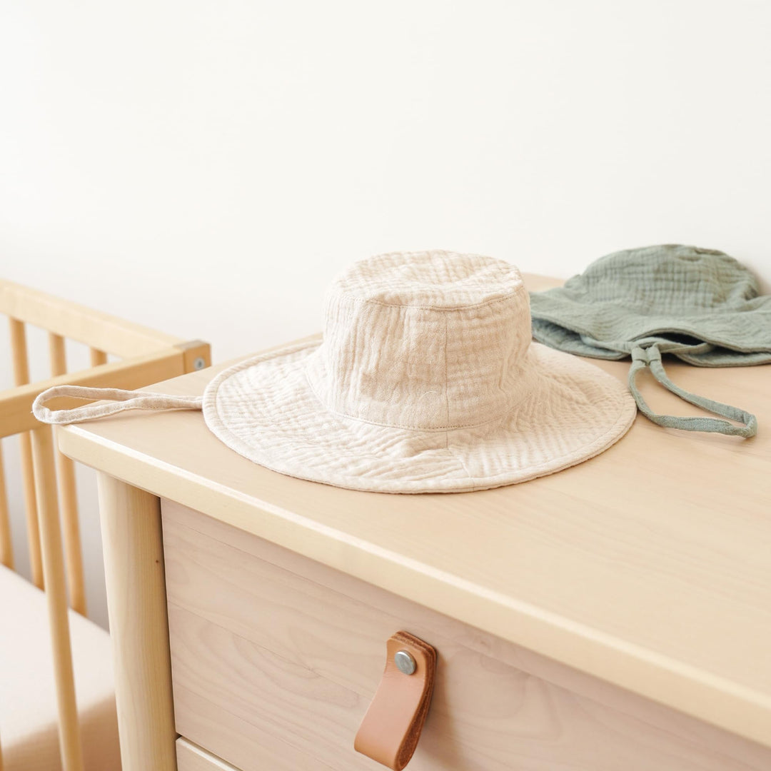 Konssy 2-Pack Muslin Baby Girl Sun Hats with Wide Brim, UPF 50+, 0-6& 6-12M - Fog Green-Cream - image 5