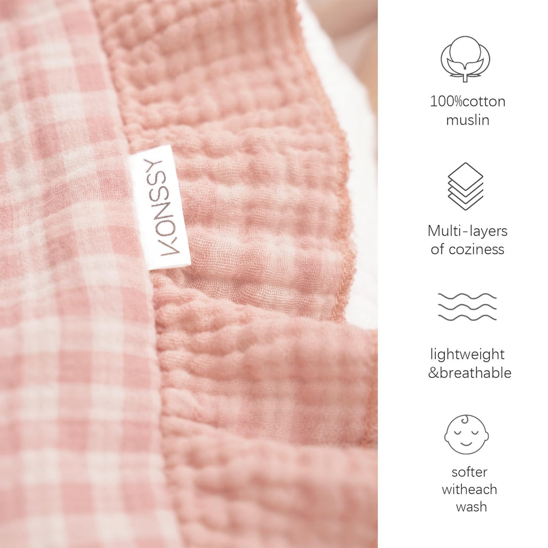 Konssy 100% Cotton Muslin Baby Blanket with Ruffle Trim for Girls, 43"x39" - Pink Check - image 3