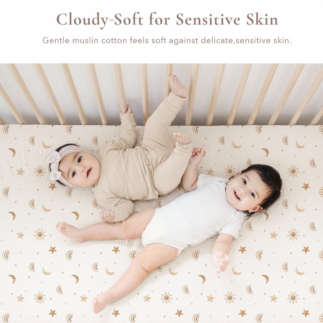 Konssy Muslin Crib Sheets for Girl Boy, 2 PCS Soft and Breathable Cotton Baby Sheets for Standard Crib Mattress, 52"x 28" (Sunbeam Yellow, Coffice) - Sunbeam Yellow, Coffice - image 4