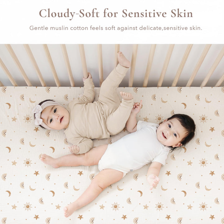 Konssy Muslin Crib Sheets for Girl Boy, 2 PCS Soft and Breathable Cotton Baby Sheets for Standard Crib Mattress, 52"x 28" (Sunbeam Yellow, Coffice) - Sunbeam Yellow, Coffice - image 4