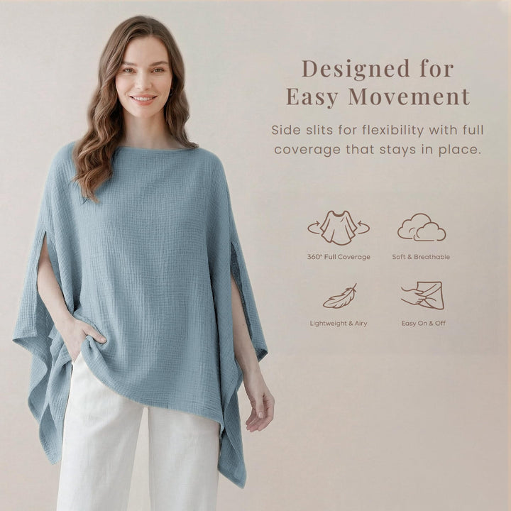Konssy Muslin Nursing Cover for Women, 360° Full Privacy Poncho - Blue - image 4