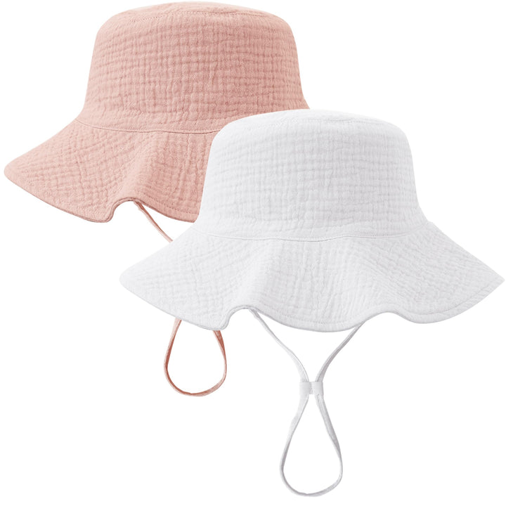 Konssy 2-Pack Muslin Baby Girl Sun Hats with Wide Brim, UPF 50+, 0-6& 6-12M - Pink-white - image 1