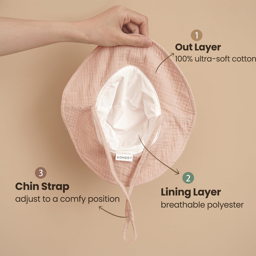 Konssy 2-Pack Muslin Baby Girl Sun Hats with Wide Brim, UPF 50+, 0-6& 6-12M - Pink-white - image 3