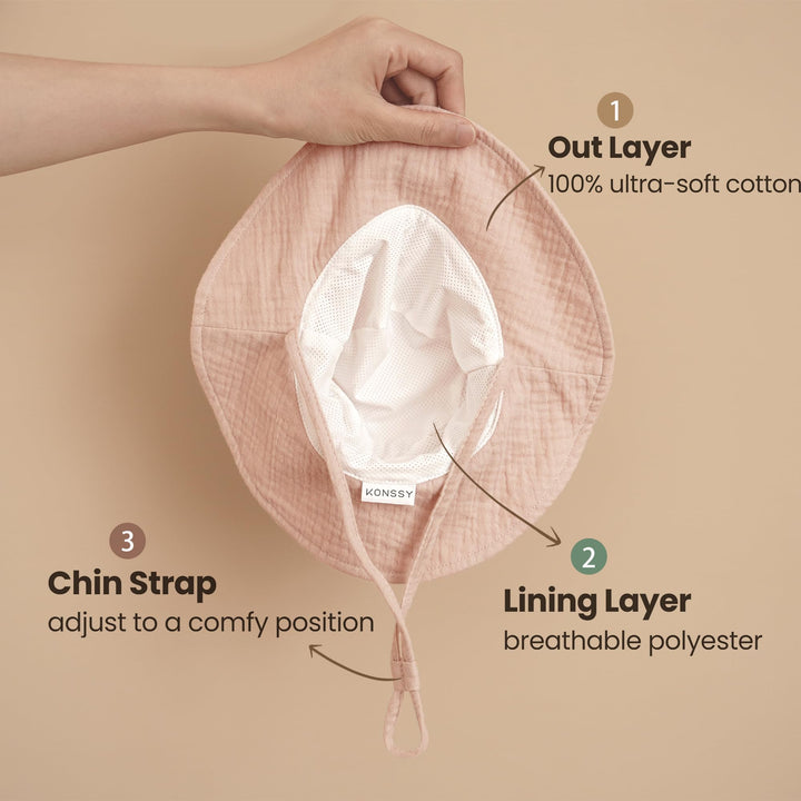 Konssy 2-Pack Muslin Baby Girl Sun Hats with Wide Brim, UPF 50+, 0-6& 6-12M - Pink-white - image 3