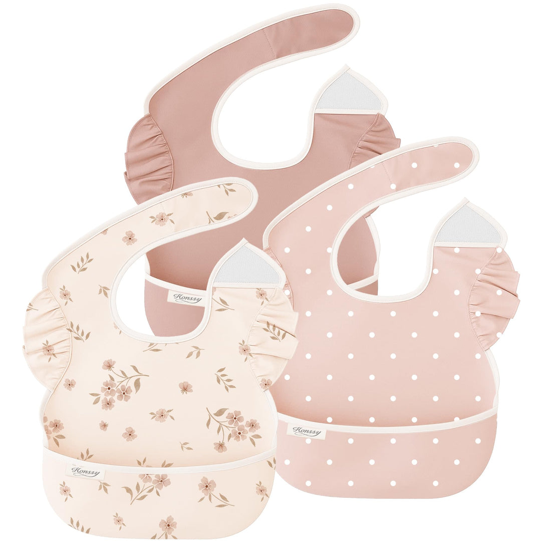 Konssy 3-Pack Waterproof Baby Bibs for Eating, Wipeable Toddler Ruffle Feeding Bibs with Catch-All Pocket for Girls Boys