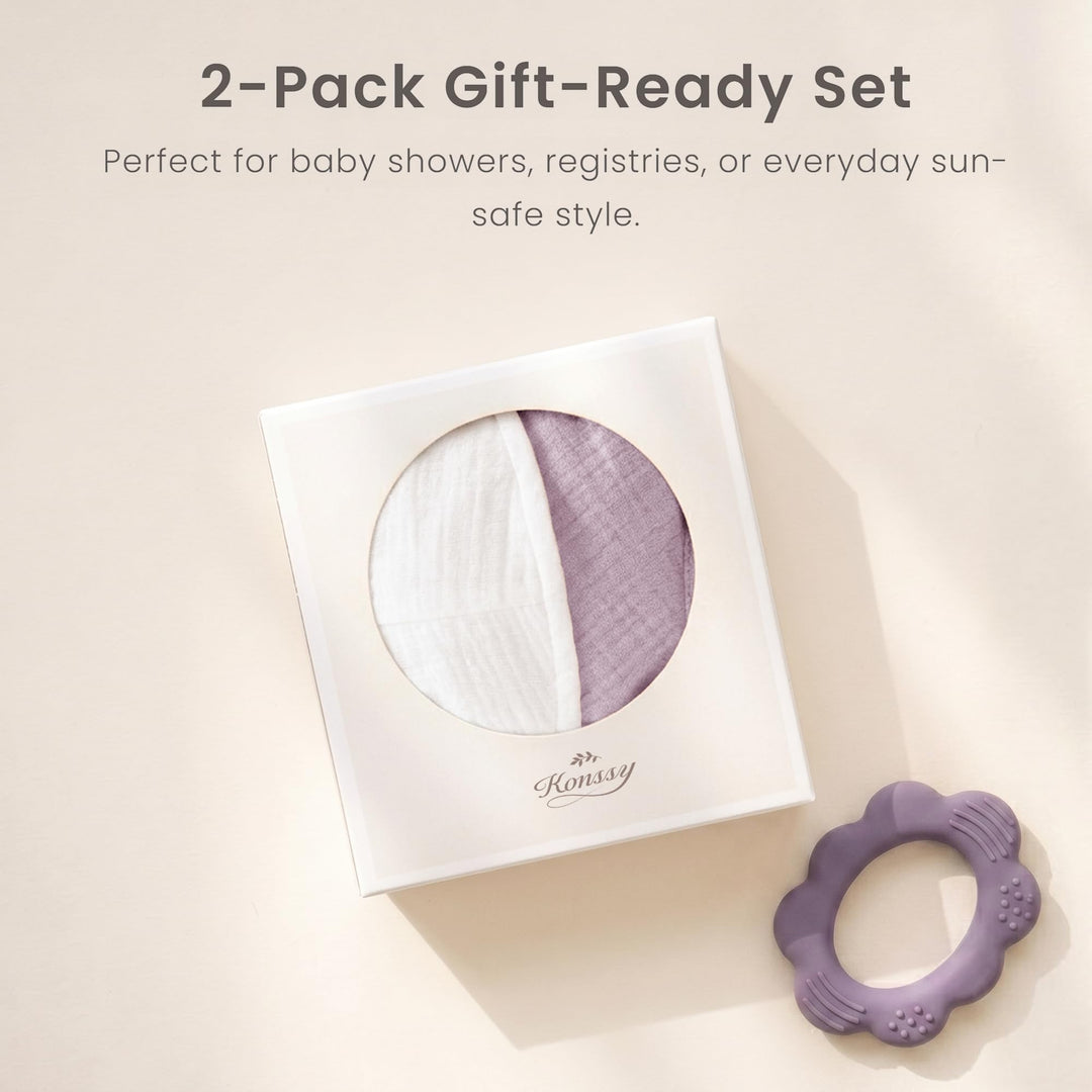 Konssy 2-Pack Muslin Baby Sun Hats for Girls with Bows, UPF 50+ - White Purple - image 8