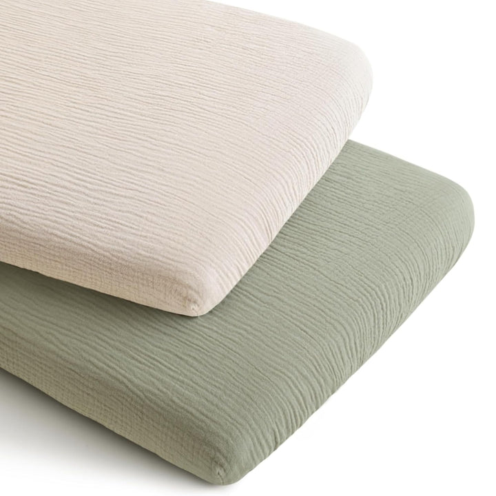 Konssy Muslin Bassinet Sheets for Baby Boys and Girls, 2 Pack, 33"x21" - Fog Green,Cream - image 1