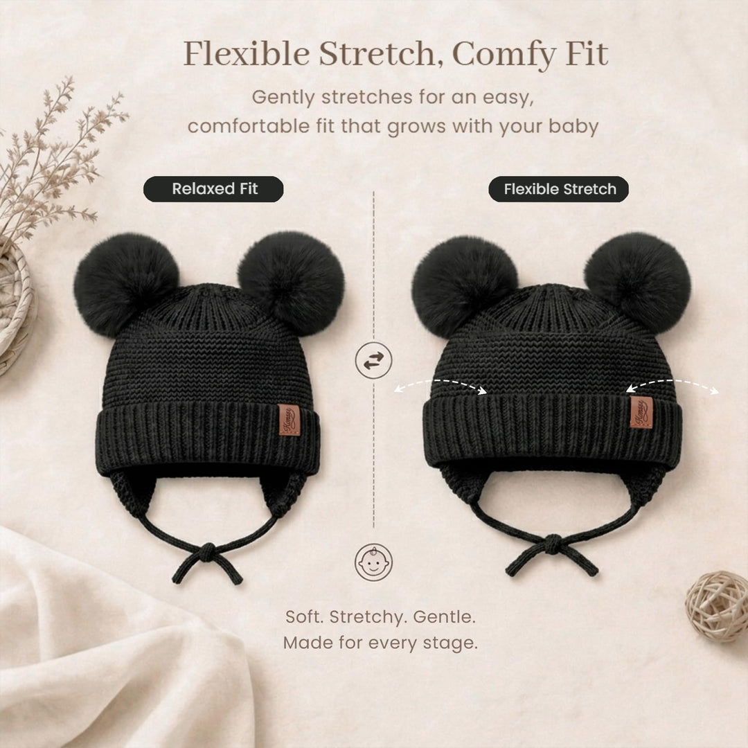 Konssy 2 Pack Baby Beanie Hat with Ear Flaps, Newborn Winter Hat 0-6 Months - Black, Light Apricot - image 3