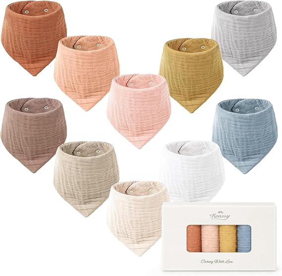 Konssy 10 Pack Baby Muslin Bandana Bibs for Drooling and Teething 100% Cotton, 6-Layer Bibs, Pre-Washed Soft & Absorbent, Adjustable Neck Fit, Boys & Girls 0-36M