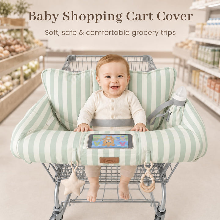 Konssy Shopping Cart Cover for Baby, High Chair Cover, 360° Protection - Green Wide Strip - image 8