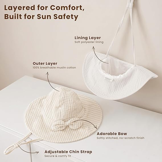 Konssy Muslin Baby Sun Hat 2-Pack, UPF 50+ Sun Protection Wide Brim Summer Beach Hat, Bucket Hat for Girls and Boys