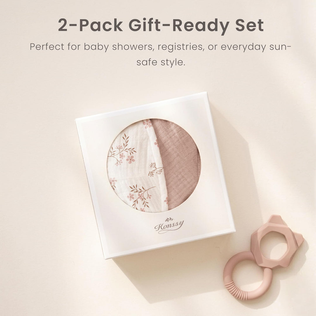 Konssy 2-Pack Muslin Baby Sun Hats for Girls with Bows, UPF 50+ - Soft Blooms Taupe - image 8