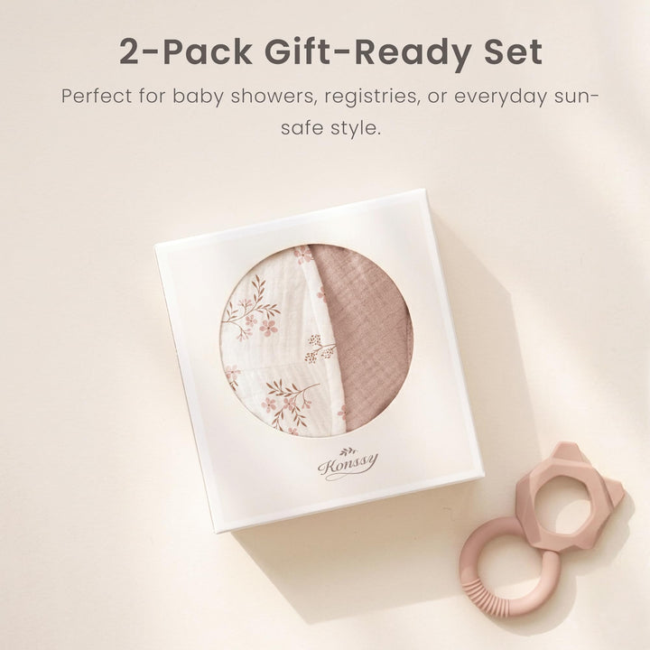 Konssy 2-Pack Muslin Baby Sun Hats for Girls with Bows, UPF 50+ - Soft Blooms Taupe - image 8