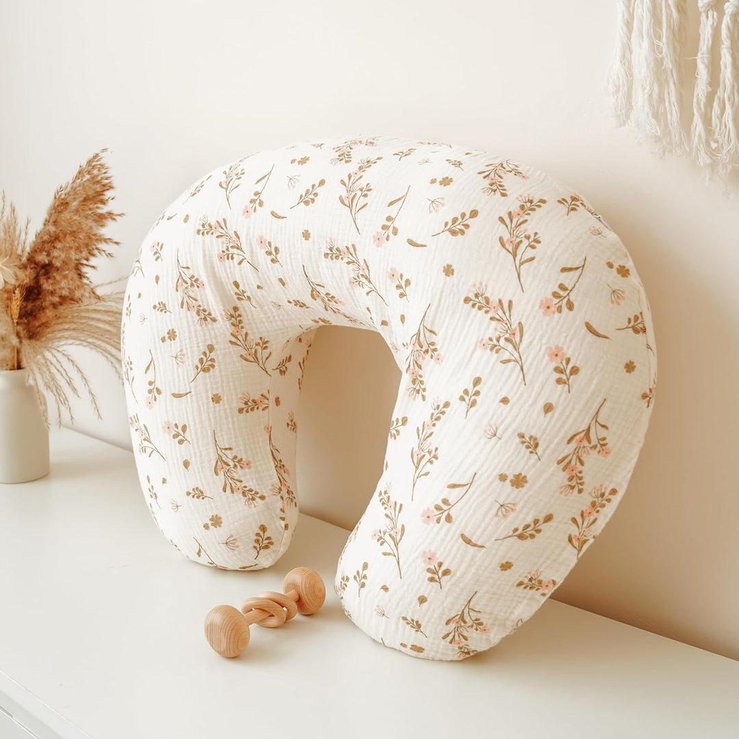 Konssy 2-Pack Muslin Nursing Pillow Covers, Soft & Adorable Nursing Covers for Breastfeeding Pillows, Slipcovers for Newborn Boys & Girls(Pink, Floral)