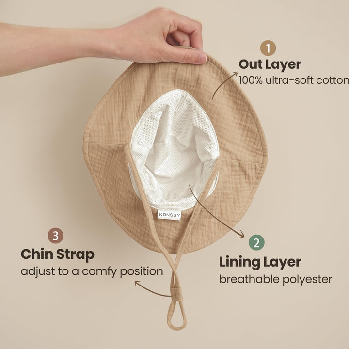 Konssy 2-Pack Muslin Baby Girl Sun Hats with Wide Brim, UPF 50+, 0-6& 6-12M - Camel-coffee Check - image 2