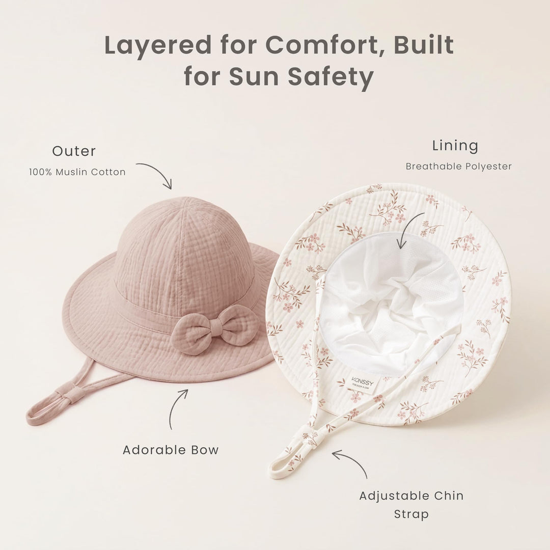 Konssy 2-Pack Muslin Baby Sun Hats for Girls with Bows, UPF 50+ - Soft Blooms Taupe - image 6