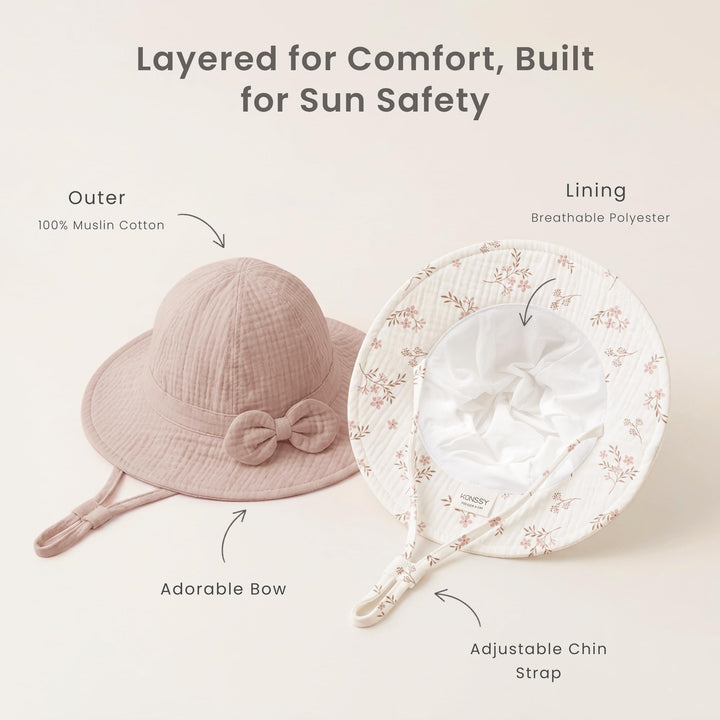 Konssy 2-Pack Muslin Baby Sun Hats for Girls with Bows, UPF 50+ - Soft Blooms Taupe - image 6