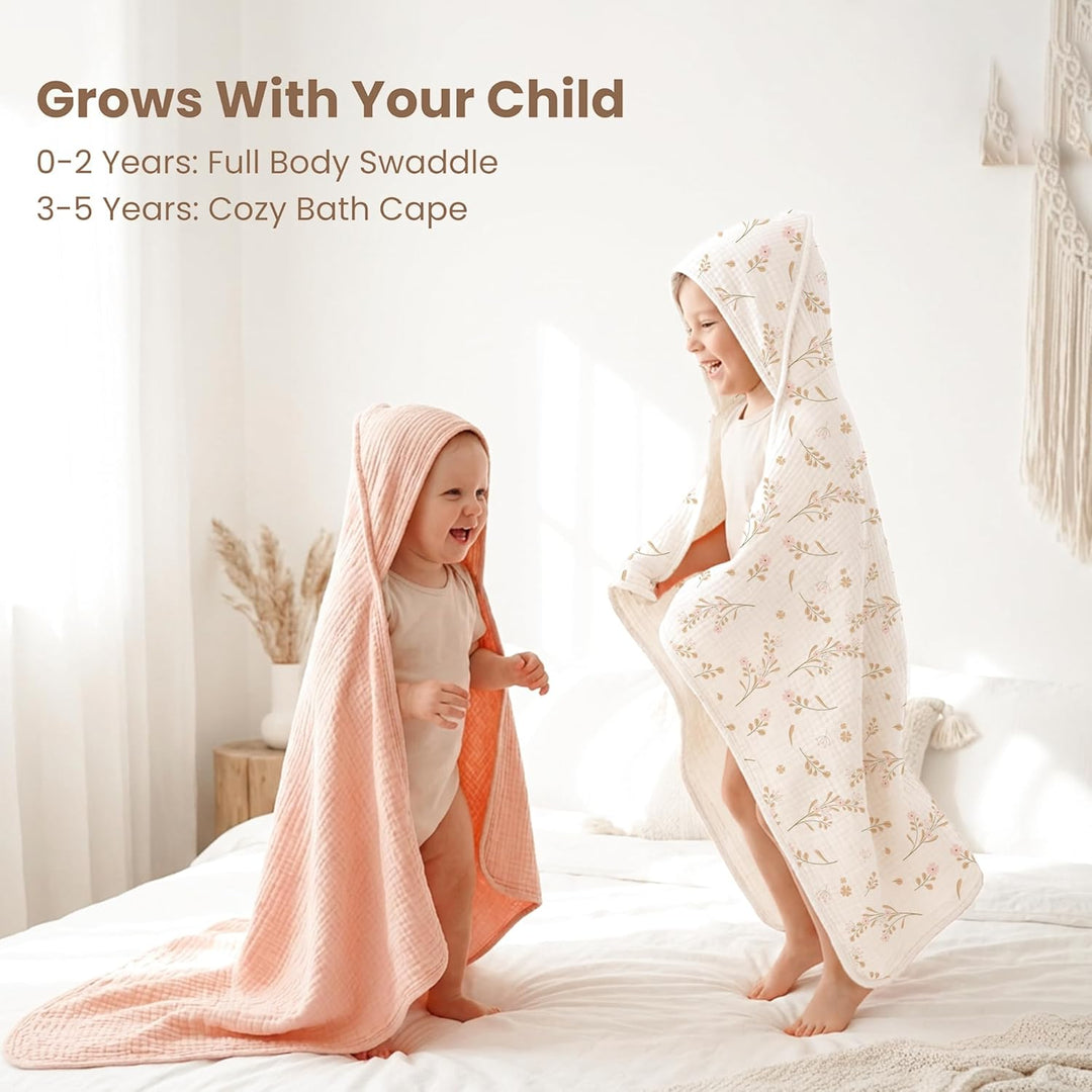 Konssy 2-Pack Muslin Hooded Baby Towels, 100% Cotton, Ultra-Soft & Absorbent Baby Bath Towels with Hood for Newborn & Infant