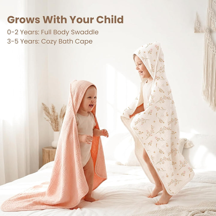 Konssy 2-Pack Muslin Hooded Baby Towels, 100% Cotton, Ultra-Soft & Absorbent Baby Bath Towels with Hood for Newborn & Infant