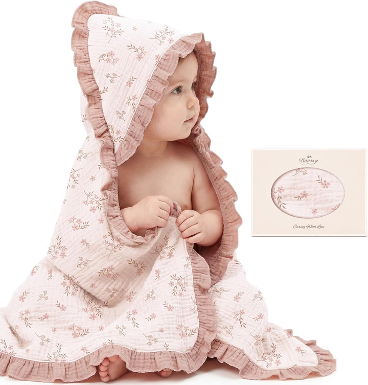 Konssy 100% Muslin Cotton Baby Hooded Towel, Soft Absorbent Bath Towel for Newborns, Infants and Toddlers, Baby Gift and Newborn Essentials with Lace Ruffle Hood - Soft Blooms - B0GY76M1DR image 1
