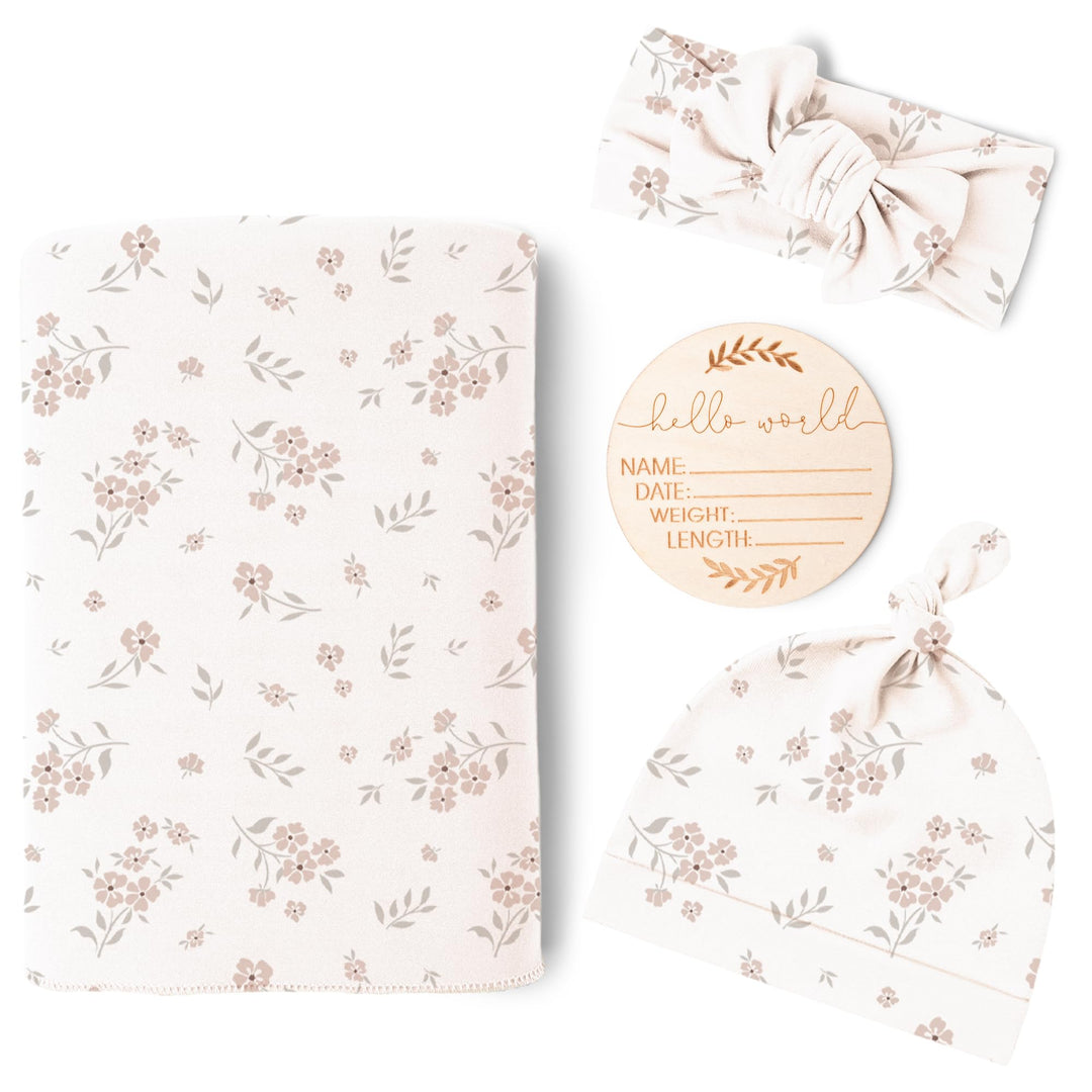Konssy Newborn Swaddle Blanket with Beanie Hat Set, Baby Receiving Blanket - Blossom - image 1