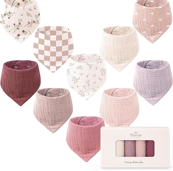 Konssy 10 Pack Baby Muslin Bandana Bibs for Drooling and Teething 100% Cotton, 6-Layer Bibs, Pre-Washed Soft & Absorbent, Adjustable Neck Fit, Boys & Girls 0-36M