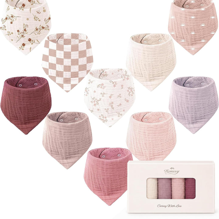 Konssy 10 Pack Baby Muslin Bandana Bibs for Drooling and Teething - Mauve - image 1