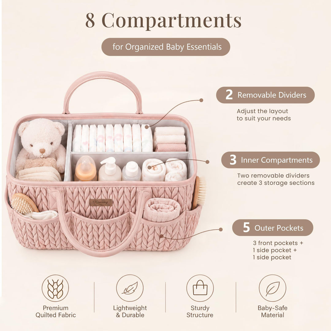 Konssy Baby Diaper Caddy Organizer, Braided Quilted Design with PU Handles - Braided Blush - image 4