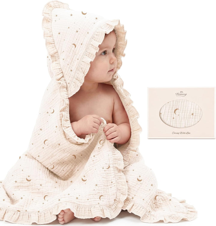 Konssy 100% Muslin Cotton Baby Hooded Towel, Soft Absorbent Bath Towel for Newborns, Infants and Toddlers, Baby Gift and Newborn Essentials with Lace Ruffle Hood - Moon - B0GY7JNZXT image 1
