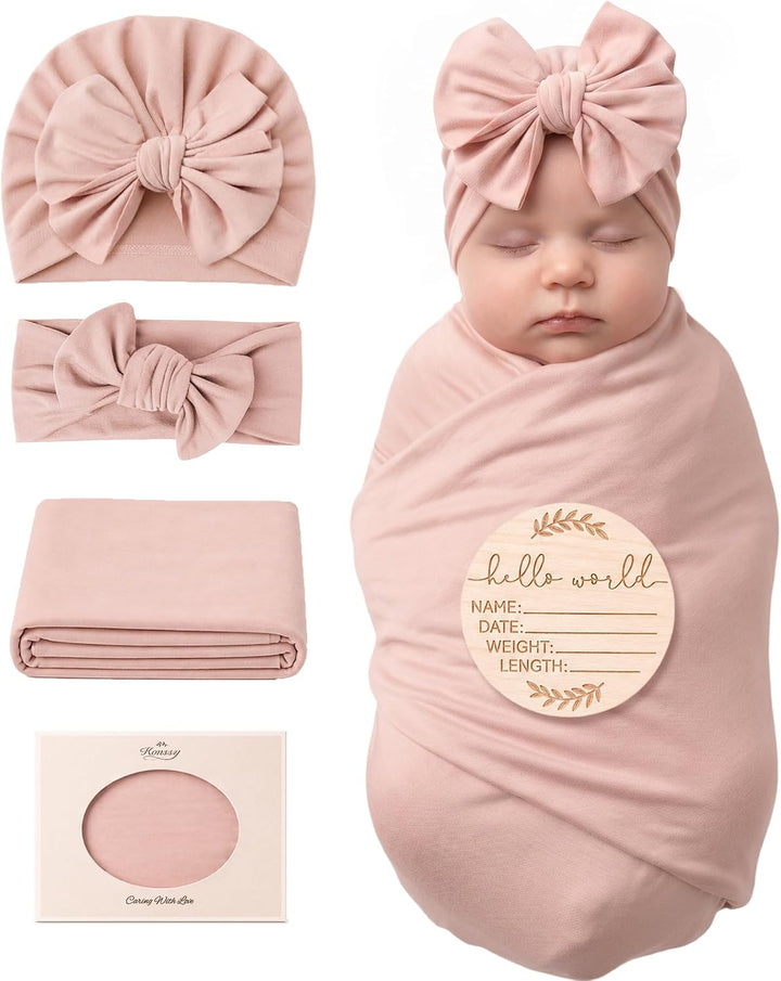 Konssy Baby Swaddle Blanket Set for Girl, 4-Piece Newborn Receiving Blanket/Soft & Stretchy, Matching Bow Hat, Headband and Wooden Sign, Floral & Solid, Newborn Photos and Birth Announcements