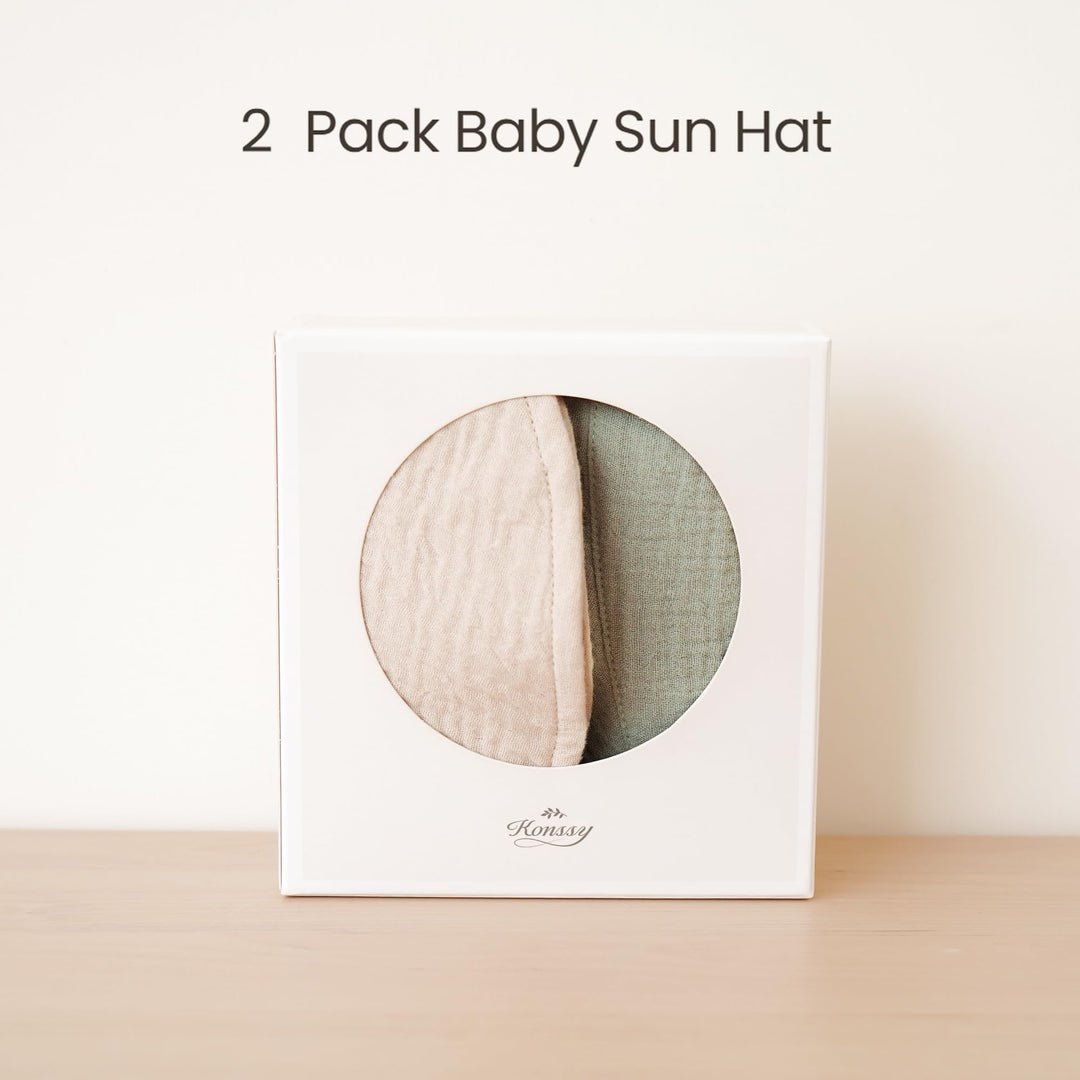 Konssy 2-Pack Muslin Baby Girl Sun Hats with Wide Brim, UPF 50+, 0-6& 6-12M - Fog Green-Cream - image 6