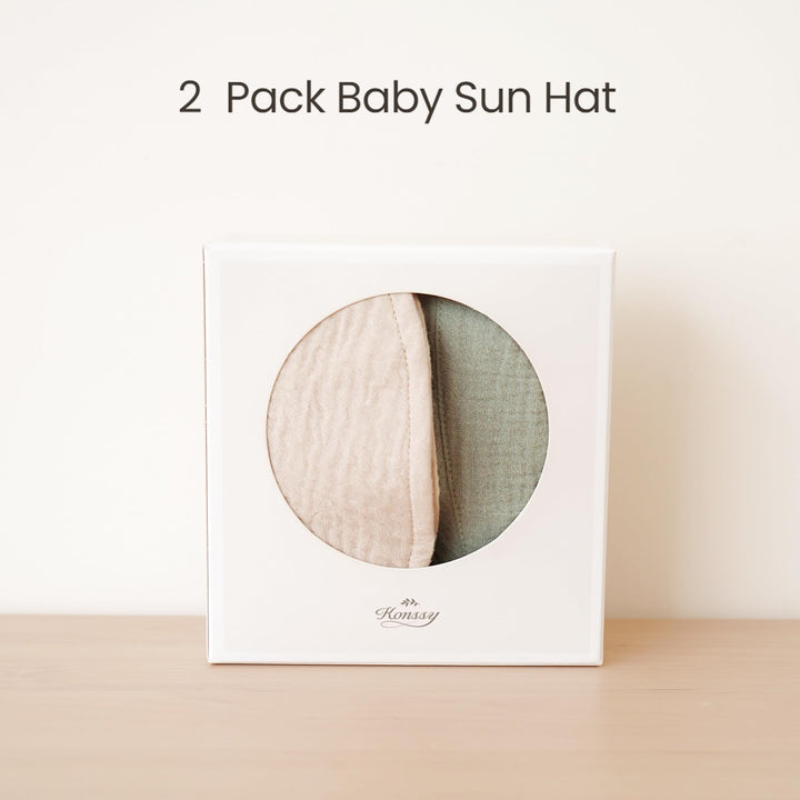 Konssy 2-Pack Muslin Baby Girl Sun Hats with Wide Brim, UPF 50+, 0-6& 6-12M - Fog Green-Cream - image 6