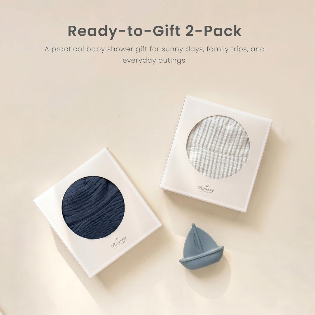 Konssy Muslin Baby Boy Sun Hat 2-Pack, Infant Sun Hat with Wide Brim, UPF 50+ Baby Beach Hat for 0-6 Months - Navy-grey stripe - image 6