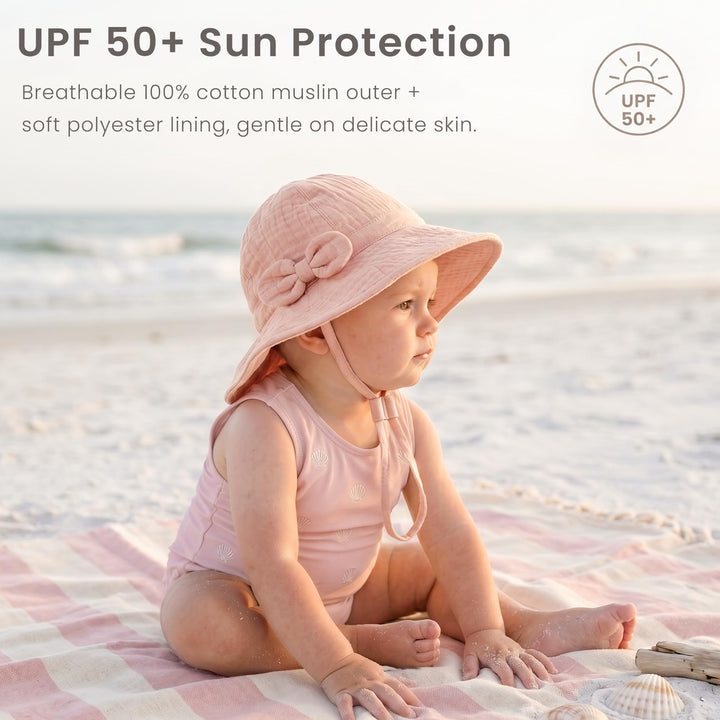 Konssy 2-Pack Muslin Baby Sun Hats for Girls with Bows, UPF 50+ - White Pink - image 2
