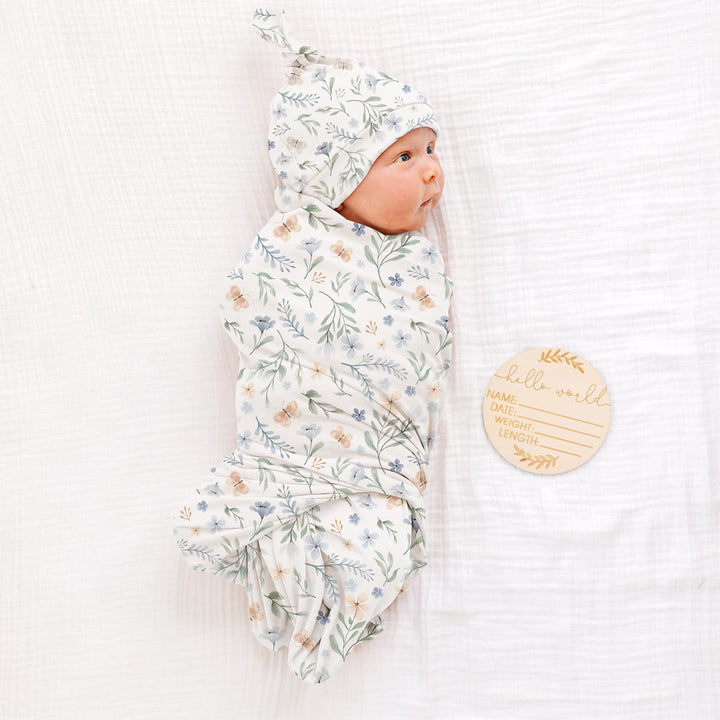 Konssy Newborn Swaddle Blanket with Beanie Hat Set, Baby Receiving Blanket - Blue Grass - image 2