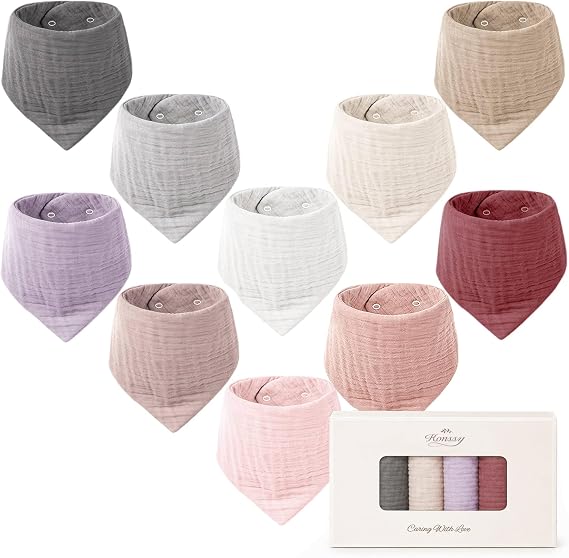 Konssy 10 Pack Baby Muslin Bandana Bibs for Drooling and Teething 100% Cotton, 6-Layer Bibs, Pre-Washed Soft & Absorbent, Adjustable Neck Fit, Boys & Girls 0-36M
