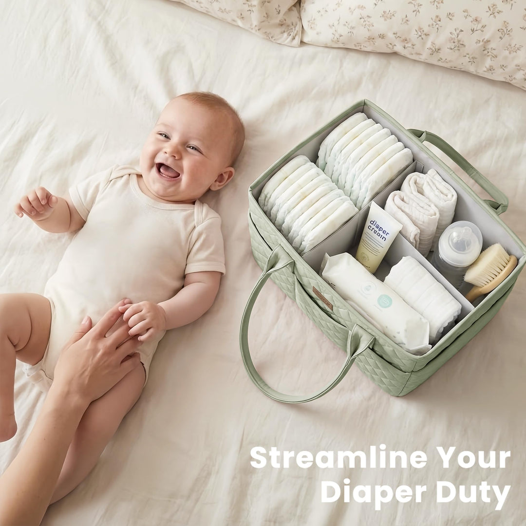 Konssy Baby Diaper Caddy Organizer, Solid Design with PU Leather Handles - Fog Green - image 2