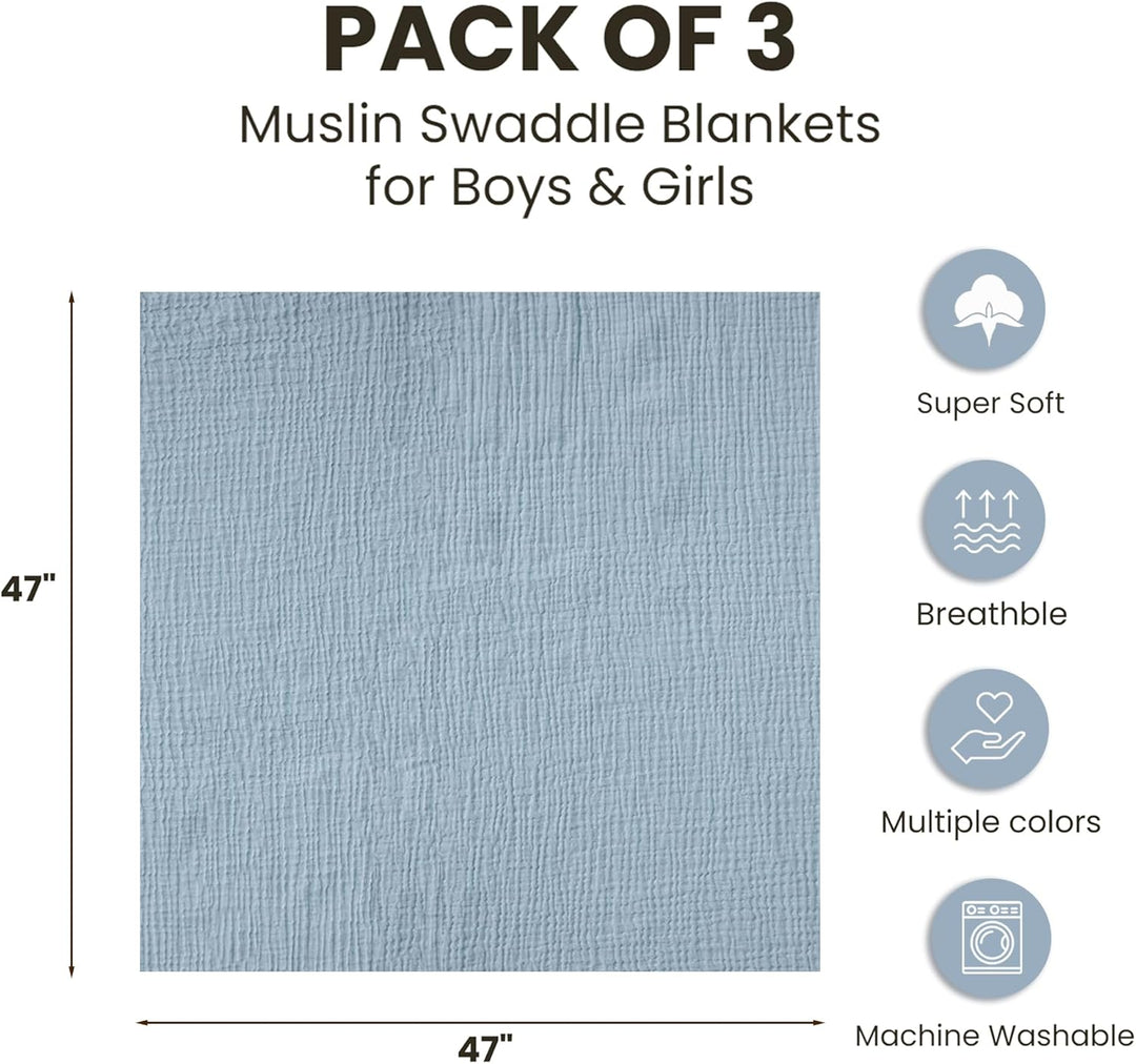 Konssy 3 Pack Muslin Swaddle Blankets for Unisex, Newborn Receiving Blanket, Large 47 x 47 inches, Soft Breathable Muslin Baby Swaddles for Boys & Girls