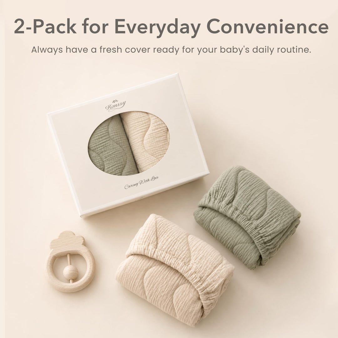 Konssy 2 Pack Quilted Muslin Changing Pad Cover, Waterproof Layer 32" x 16" - Seafoam - image 8