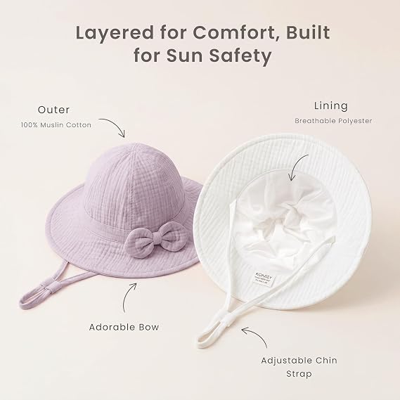 Konssy 2-Pack Muslin Baby Sun Hats for Girls with Bows, UPF 50+/100% Cotton, Sun Protection, Baby Bucket Hat, Adjustable Chin Strap, for Newborn &Infant, 0-6& 6-12 Months