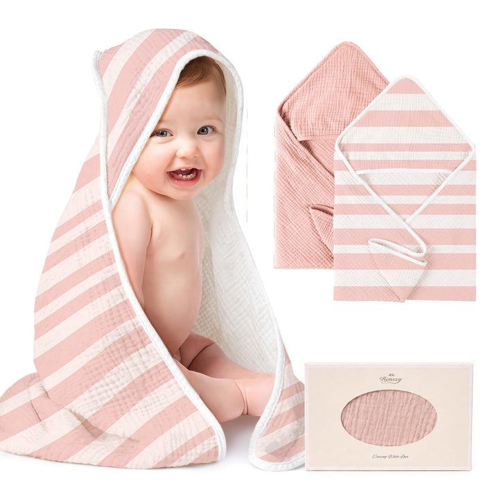 Konssy 2-Pack 100% Muslin Cotton Hooded Baby Bath Towels for Boys and Girls - Pink, Stripe - image 1